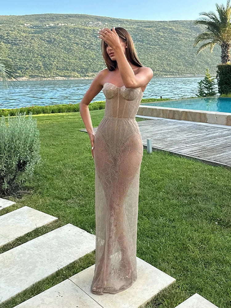 Sexy Fishbone Jumpsuit Lace Skirt Set Women Slim Sleeveless Top Fishtail See Through Long Skirts 2025 Summer Beach Lady Outfits