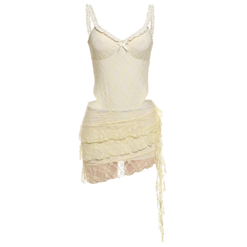 Weird Puss Jacquard Elegant 2 Piece Women Low-Neck Sleeveless Bodysuits+Ruched See Through Tassel Skirts Beach Party Trend Suits
