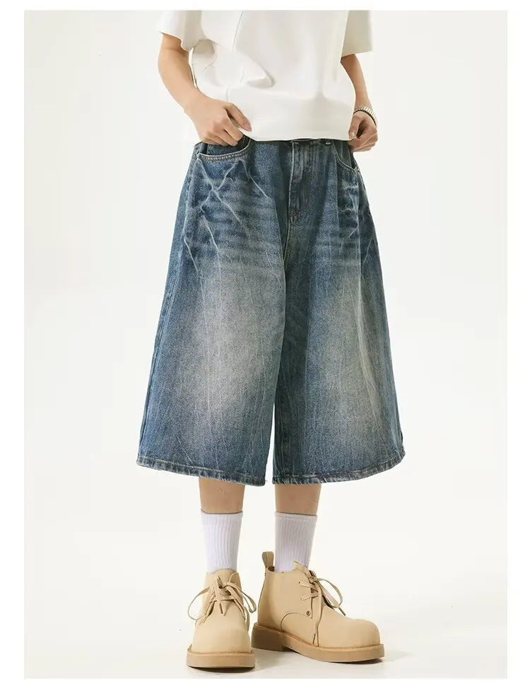 American High Street Lightning Jeans Men's Straight Leg Wide Leg Hip Hop Cool Retro American Seven-Foot Blue Shorts