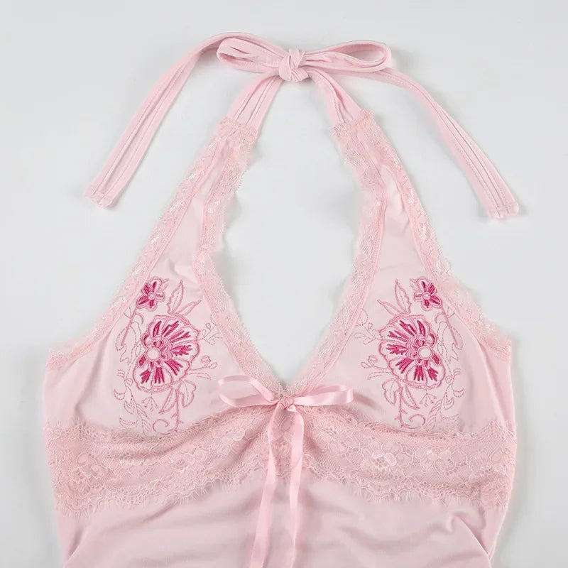 Pink Floral Embroidery Bow Lace Trim Halter Top Pink Vacation Cute Fashion Y2k Crop Tops for Woman Summer 2025