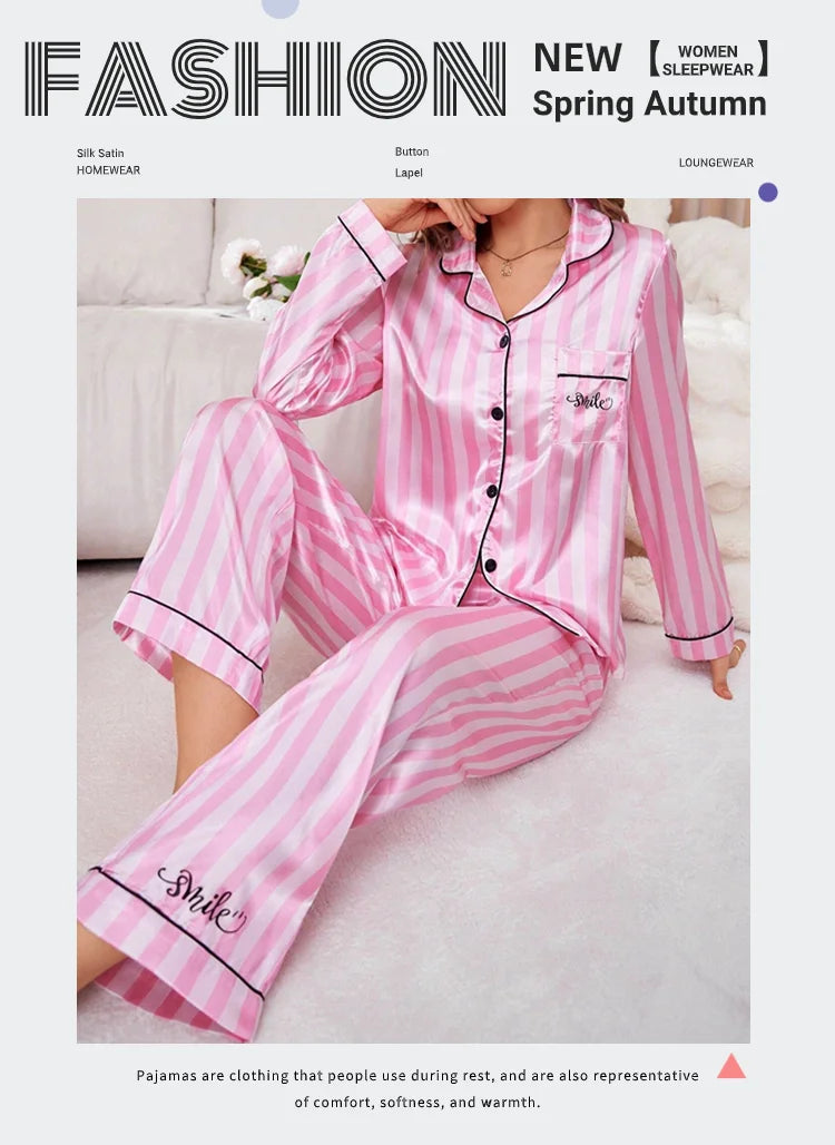Women Stripe Print Satin Pajama Victoria Autumn Long Sleeve Buttons Lapel Tops & Pants Sleepwear Comfort Relaxed Fit Nightwear