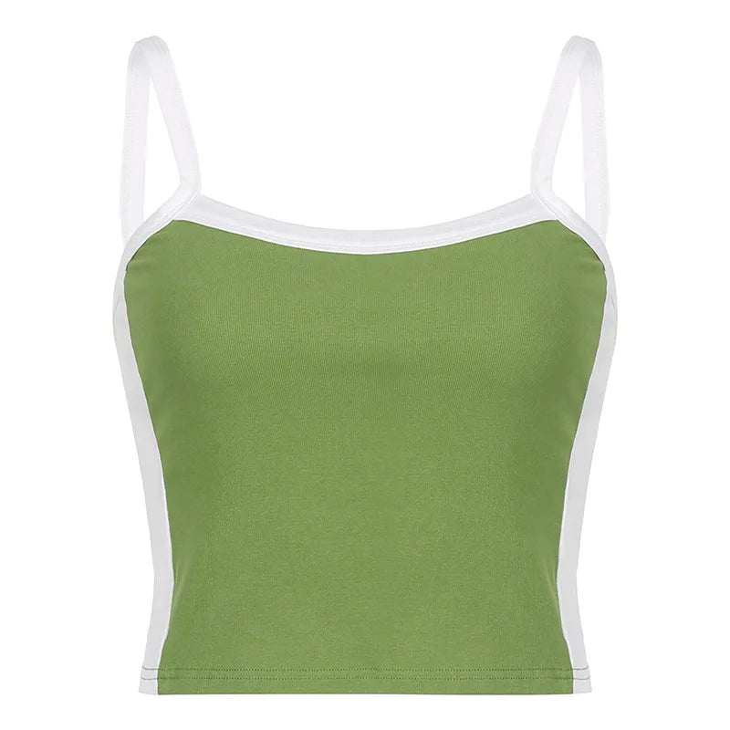 2025 Summer Casual Cami Backless Y2k Vintage Tank Top WomenSleeveless Knitted Crop Tops Green Sexy Basic Patchwork