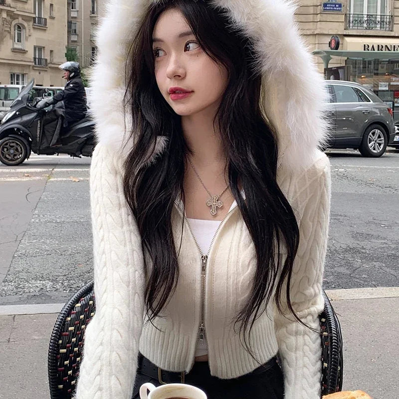 Korean Style White Twisted Autumn Cardigan Crop Knit Fluffy Zip Up Knitted Sweater Hooded Jacket Faux Fur Trim Collar