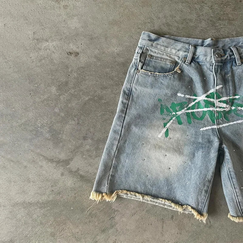 American Fashion Trend Letter Printing Splicing Patches Denim Shorts Y2K Gothic Hip Hop Men Women Punk Vintage Wide Leg Pants