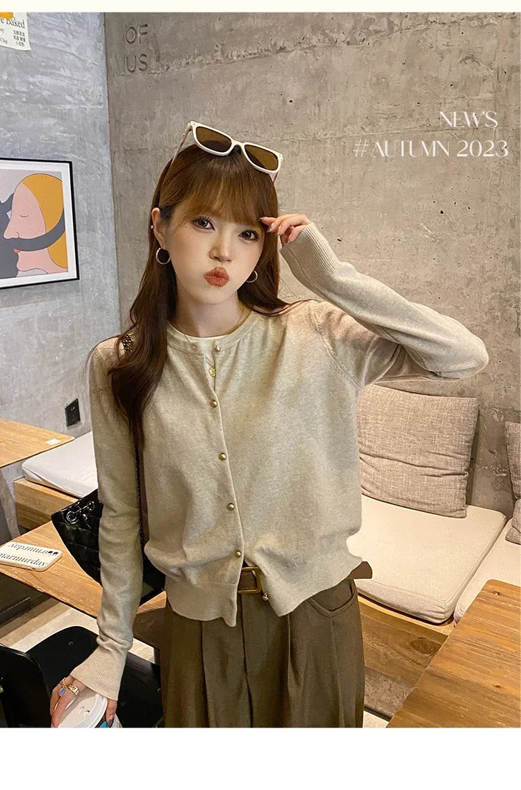 Solid Color Knitted for Women Cardigan Korean Single Breasted Long Sleeve Jumper Woman Round Neck All Match Cardigans Outwear