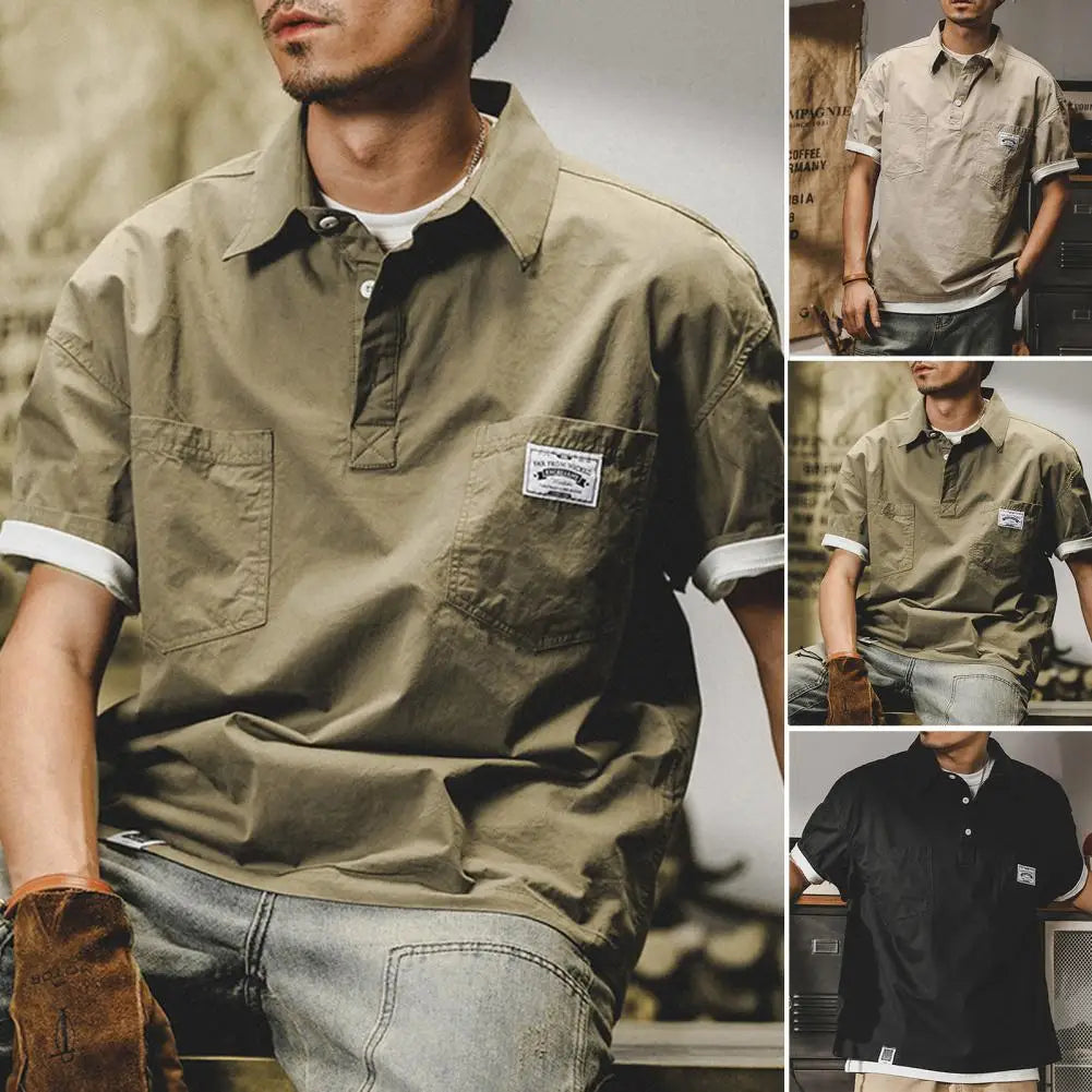 Man Shirts Summer Cargo Shirt American Retro Loose Short Sleeves Lapel Men Tops Work Shirt Multi Pockets Half Sleeve Casual Tops