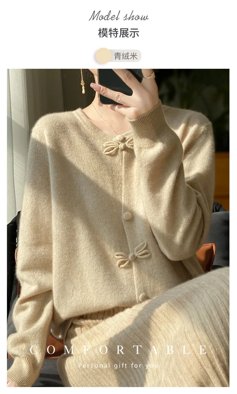 Women New Fashion Autumn Winter 100% Merino Wool Sweater O-neck Chinese Style Buckle Cardigan Soft Knitwear Female Clothing Tops
