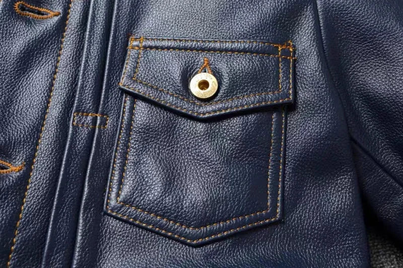 New Navy Blue Top Layer Cowhide Genuine Leather Jacket Men's Short Slim Fit Retro Motorcycle Lapel Casual Jacket Trendy