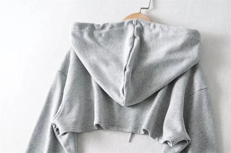 YPFF Spring New Style European Cropped Sports Drawstring Hooded Sweatshirt Women's Solid Color Versatile Long Sleeve Hooded Top