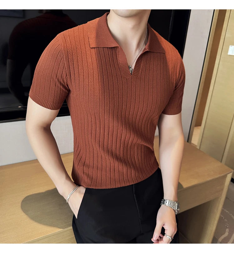 Men Striped Polo Shirt 2025 Summer Light Thin Breathable Solid Casual Elastic Slim Fit Short Sleeved V-neck T-shirt Men Clothing