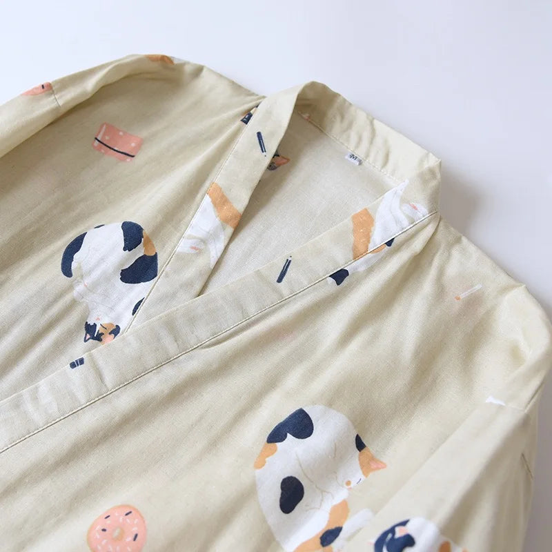 Japanese-style kimono two-piece couple pajamas cover men and women pure cotton gauze cute kitten thin homeware sleepware nighty