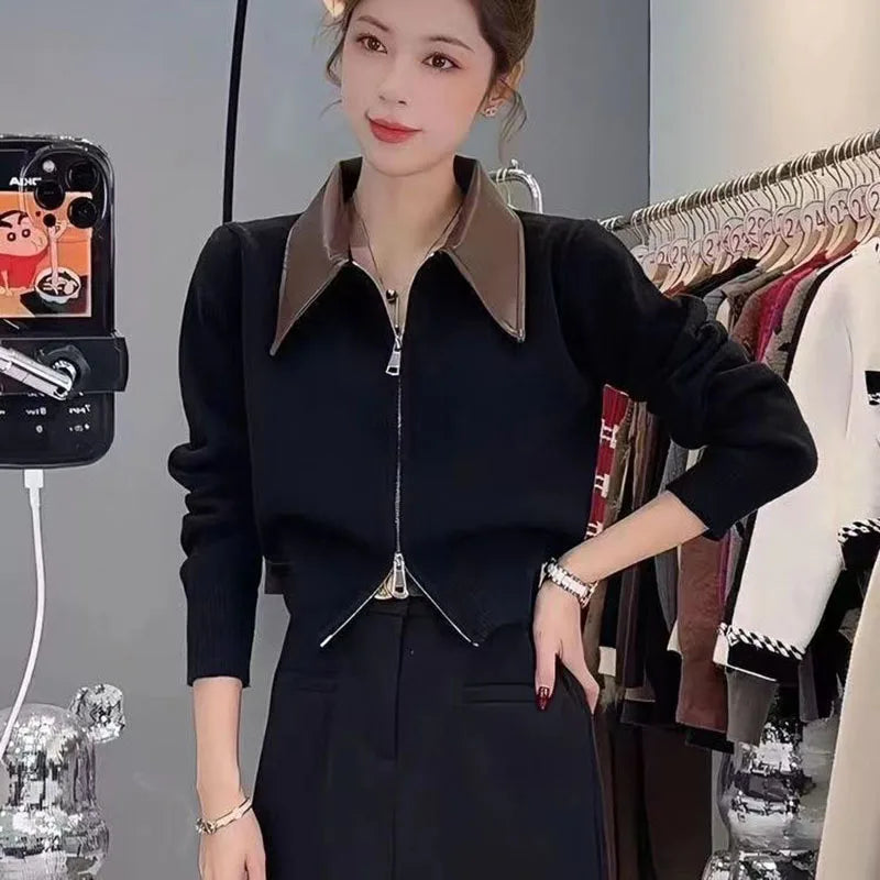 Fashion Zipper Knitted Cardigan Ladies Korean Chic PU Leather Lapel Cropped Sweater Coat Women Lazy Style Solid Jersey Cardigans