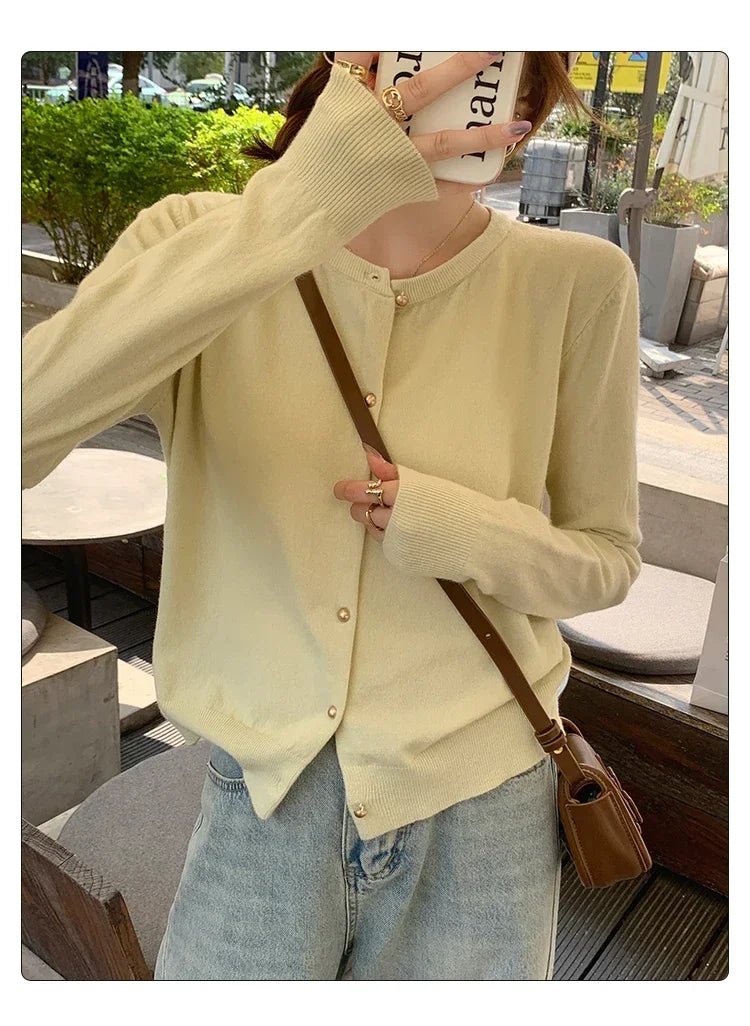 Solid Color Knitted for Women Cardigan Korean Single Breasted Long Sleeve Jumper Woman Round Neck All Match Cardigans Outwear