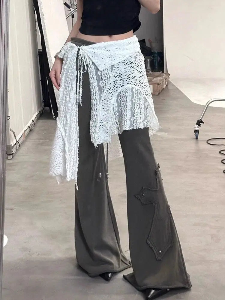 Summer Hollow Out Sweet Fairy Glitter Women's Skirts Harajuku Lace Split Bandage Skirt Vintage Y2k Aesthetic Casual Mujer Falda