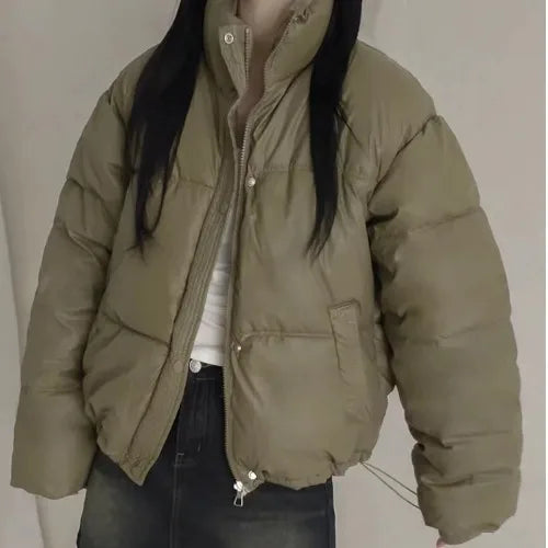 Women's Cotton Jaet 2024 New Winter ort Faion Stand Collar Bread Sle Warmth Outerwear Korean Loose Fit Zipper Closure