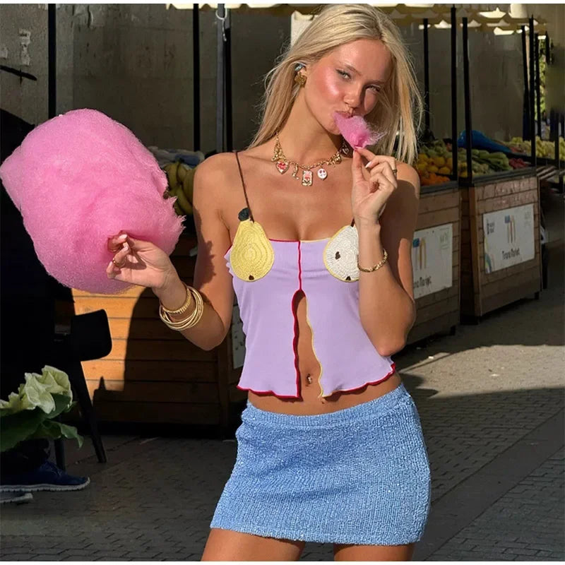 Rib Embroidery Split Tank Top Women Sleeveless Backless Slim Contrast Color Strap Party Vest Summer 2025 Fashion Lady Tops