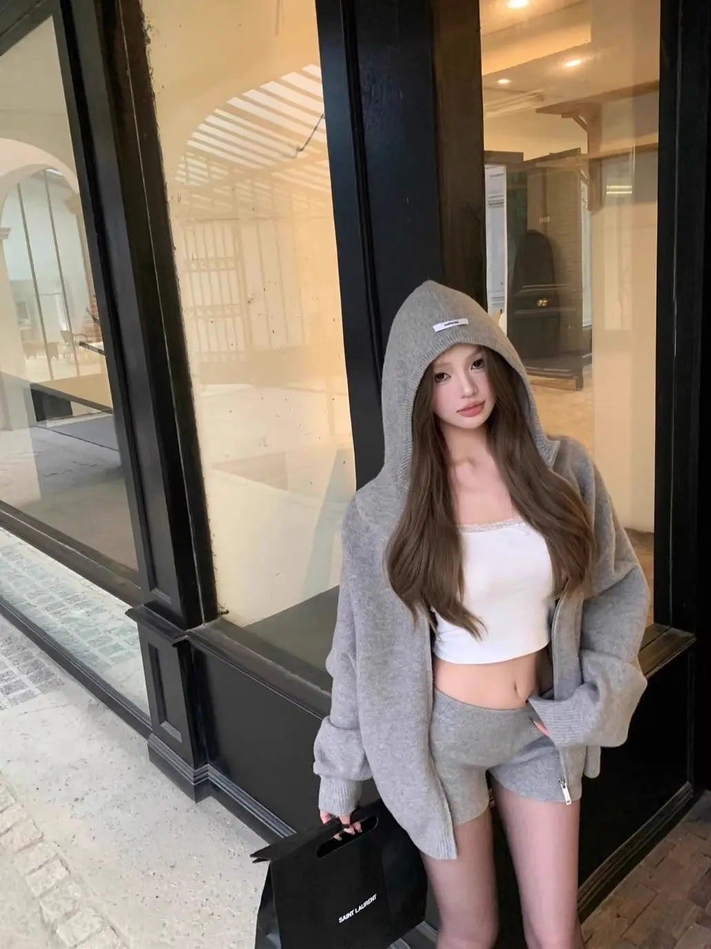 Y2k Retro Casual Suit European American Hip-hop Hooded Long-sleeved Jacket Autumn and Winter Straight Shorts Sexy Two-piece Set