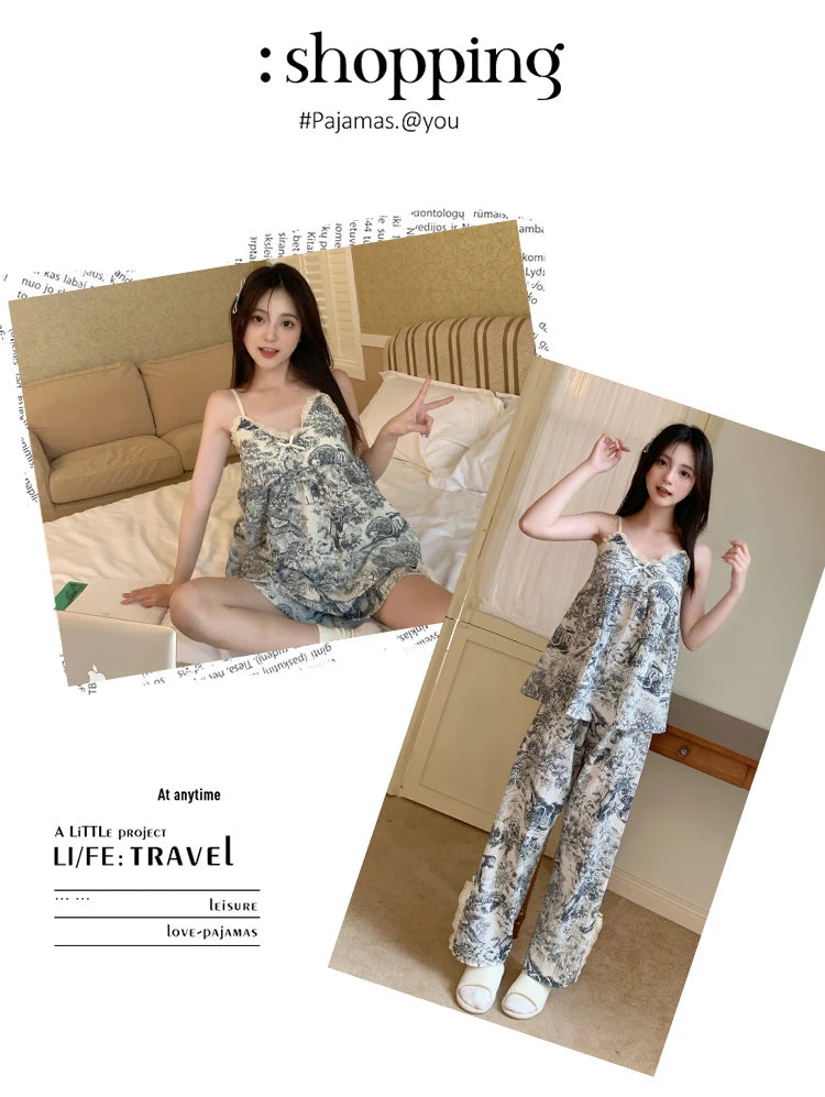 3PCS/Set Women Summer V-neck Pajamas Suspender Sleeveless Shorts Pants Ladies Vintage Fragmentary Homewear Breathable Clothes