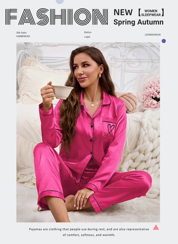 Women's Home Clothes Satin Pajama Autumn Long Sleeve Pocket Heart-shaped Embroidery Tops & Pants Pyjama Femme Loungewear Pj Set