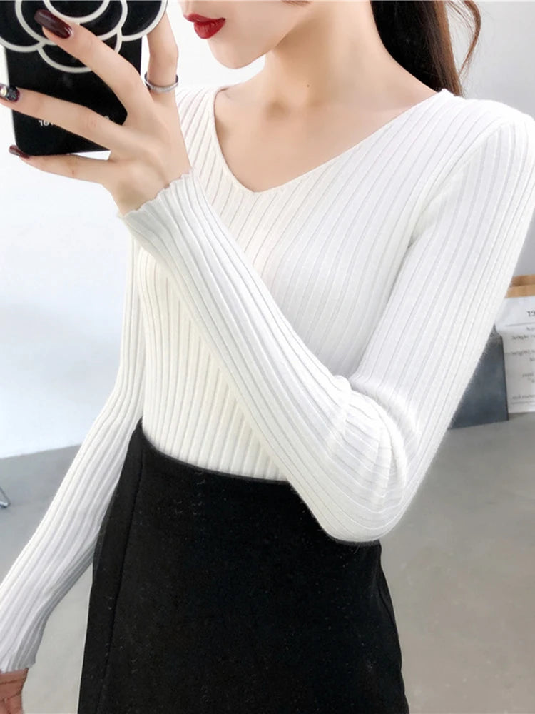 2025 V Neck Women Autumn Winter Sweaters Slim Knitted Pullovers Soft Warm Solid Jumper Female Sweater Casual Knitwear Jersey Top