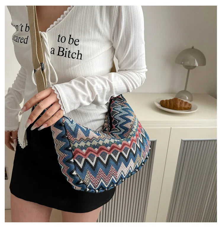 Wave Pattern Design Crossbody Bag for Women New Large Capacity Canvas Shoulder Bag Versatile College Students Dumplings Bag