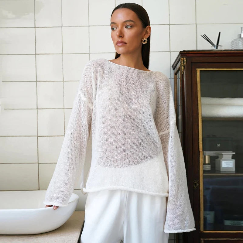 MSCSZ Red Long Sleeve Oversized Sweater Women Transparent Knitted Sweater 2025 Spring Autumn Cozy Sweaters Pullover Tops