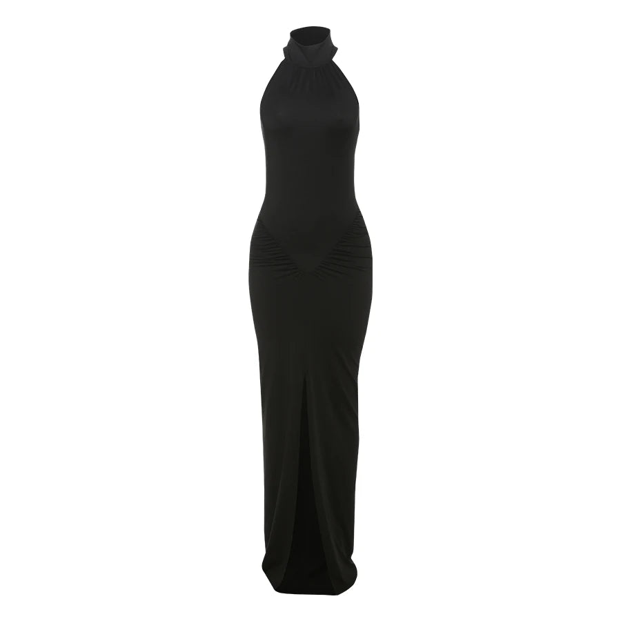 Weird Puss Peach Buttocks Dress Women Halter Pleated Solid Slim Slit Sexy Elegant Sleeveless Midnight Clubwear Party Vestidos