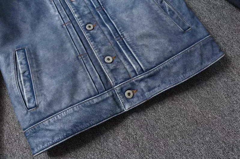 New Navy Blue Top Layer Cowhide Genuine Leather Jacket Men's Short Slim Fit Retro Motorcycle Lapel Casual Jacket Trendy