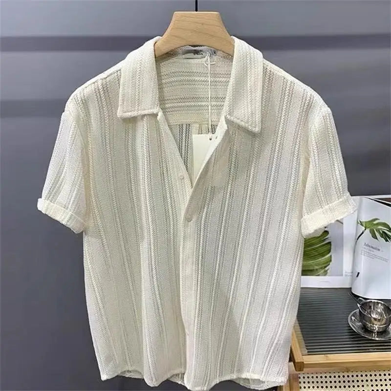 New High-End Hollow Design Men's Summer Thin Short-Sleeve Shirt - Lapel Casual Top