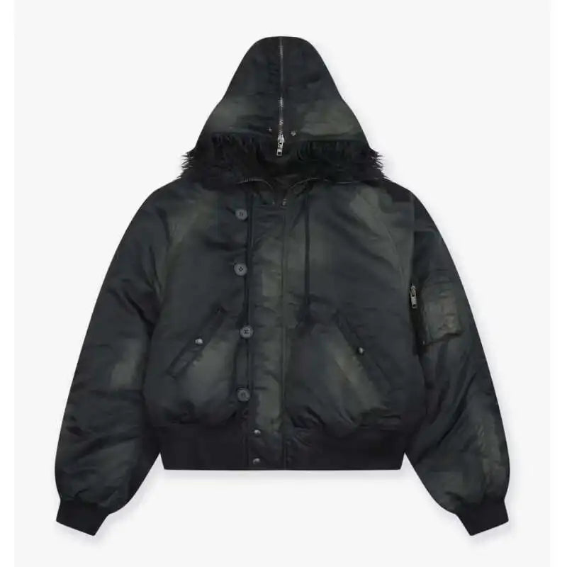 PFNW Winter New Oversized Black Cotton-padded Coat Men's Trend Tie-dye Print Fur Collar Zipper Hooded Quilted Padded Jackets