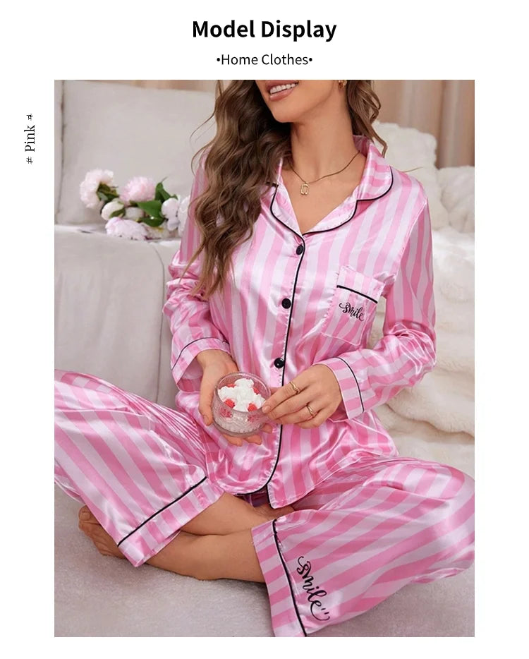 Women Stripe Print Satin Pajama Victoria Autumn Long Sleeve Buttons Lapel Tops & Pants Sleepwear Comfort Relaxed Fit Nightwear