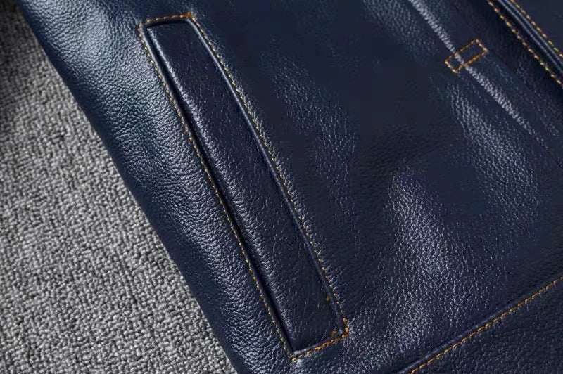 New Navy Blue Top Layer Cowhide Genuine Leather Jacket Men's Short Slim Fit Retro Motorcycle Lapel Casual Jacket Trendy