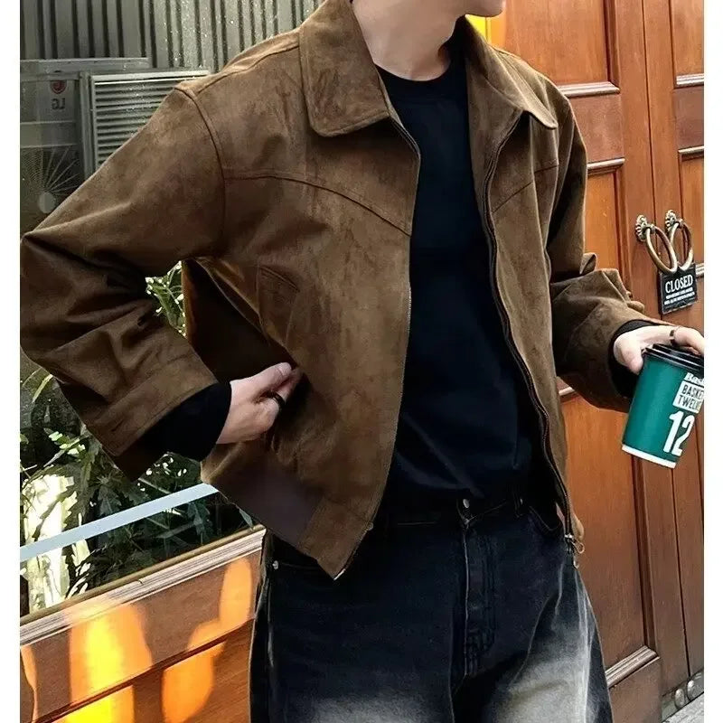 Retro High Street Suede Short Jacket Men Loose Stylish Motorcycle Collar Flight Casual Jacket Spring Autumn Fashionable Versatil