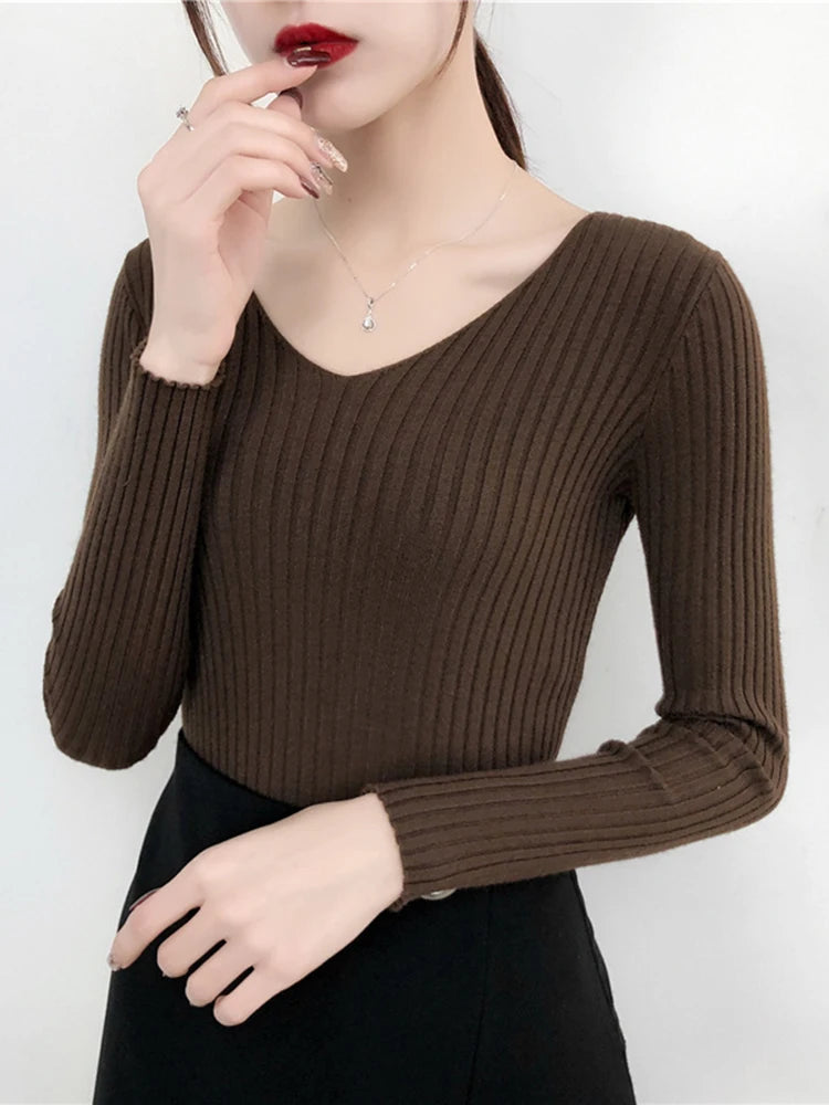 2025 V Neck Women Autumn Winter Sweaters Slim Knitted Pullovers Soft Warm Solid Jumper Female Sweater Casual Knitwear Jersey Top