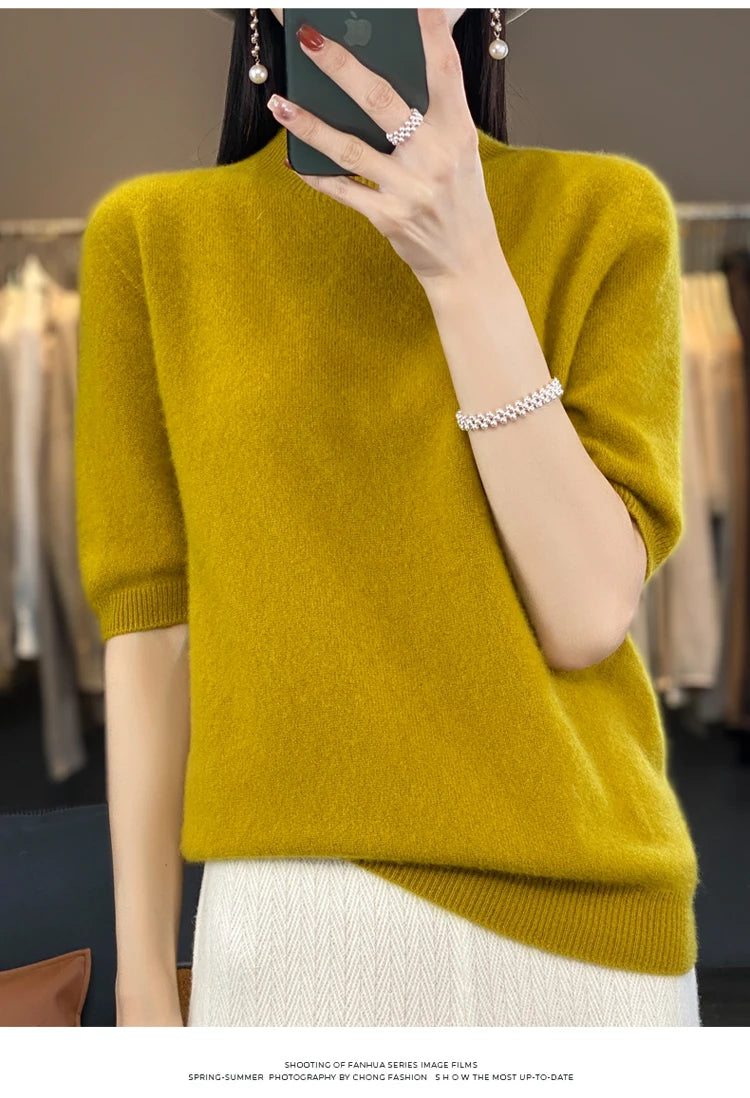 100% pure wool short sleeve summer new women's semi-high neck pullover blouse loose knit vest fashion T-shirt