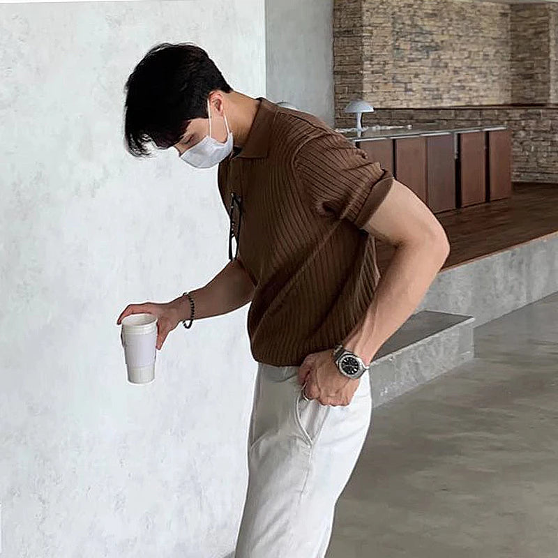 New Men Korean Style Polo Shirt Luxury Leisure Knited T-shirt Casual Striped Solid Color Short Sleeve Breathable Retro Knitwear