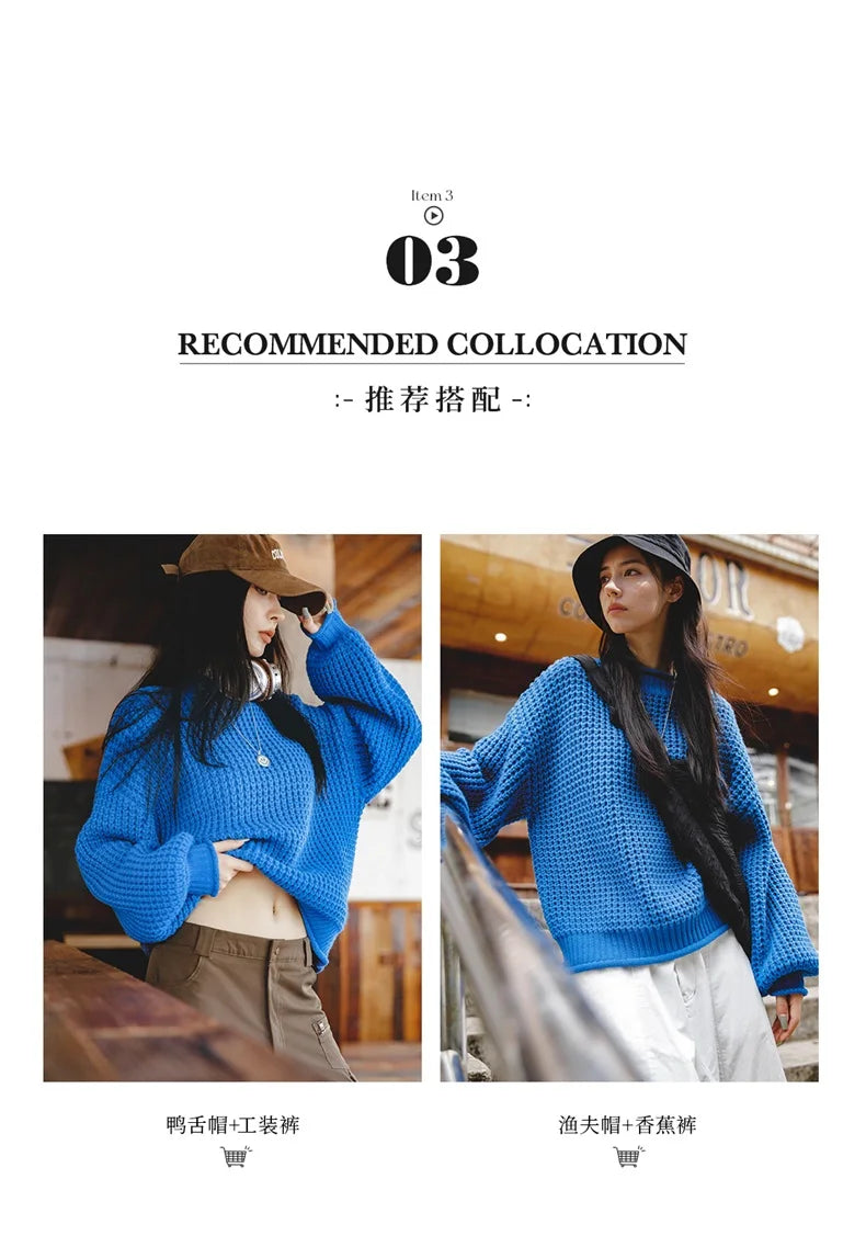 MADEN Women Cornflower Blue Knitted Sweater 2024 New Autumn Winter Long Sleeve Curled Collar Knitwear Warm Pullover Sweater