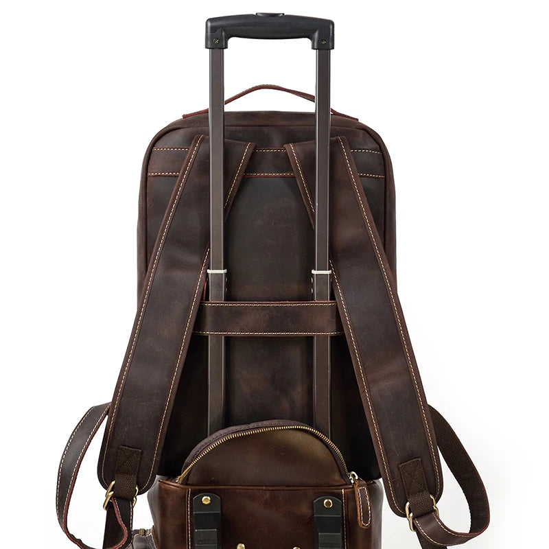 Vintage Travel Backpack leather double zipper bagpack male crazy horse leather backpack handmade leather travel bag men bag