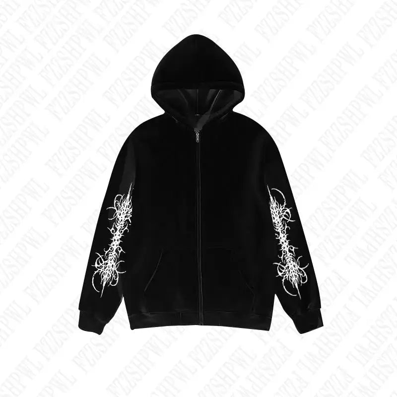 Y2K Zip up hoodie Rock Goth Harajuku Graphic Print Casual Zipper Hoodie sweatshirt Vintage Punk High street Hiphop Clothes Loose