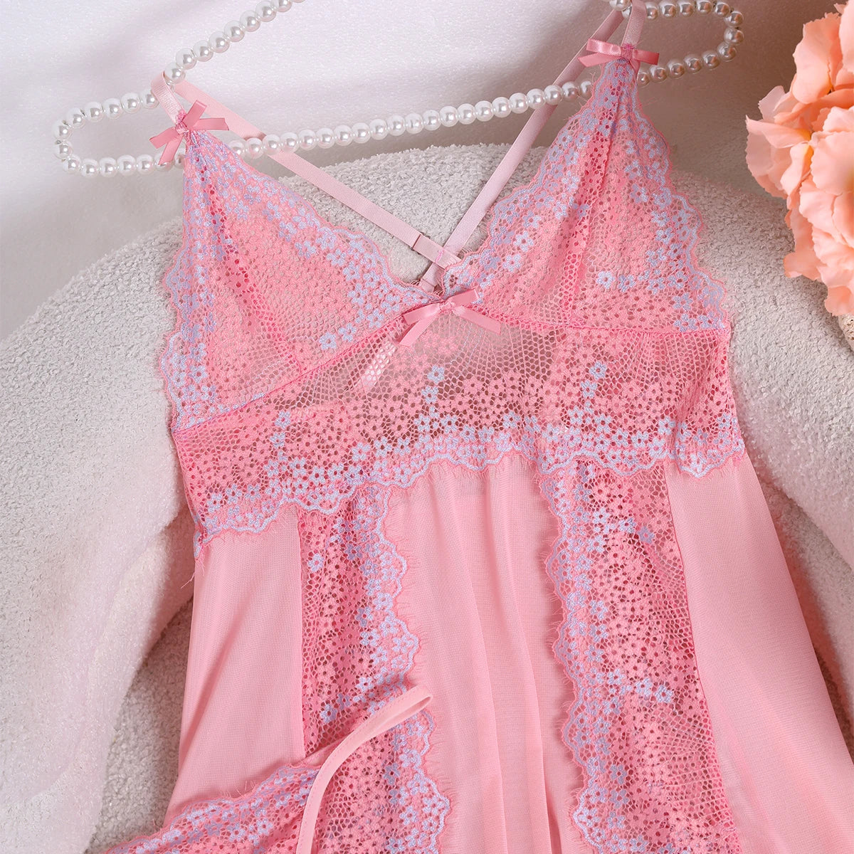Sexy Solid Pink Slip Nightdress Contrast Laces V- Neck Backless Sleeveless Sling Dress Women's Sleepwear Babydoll Dresses Lace