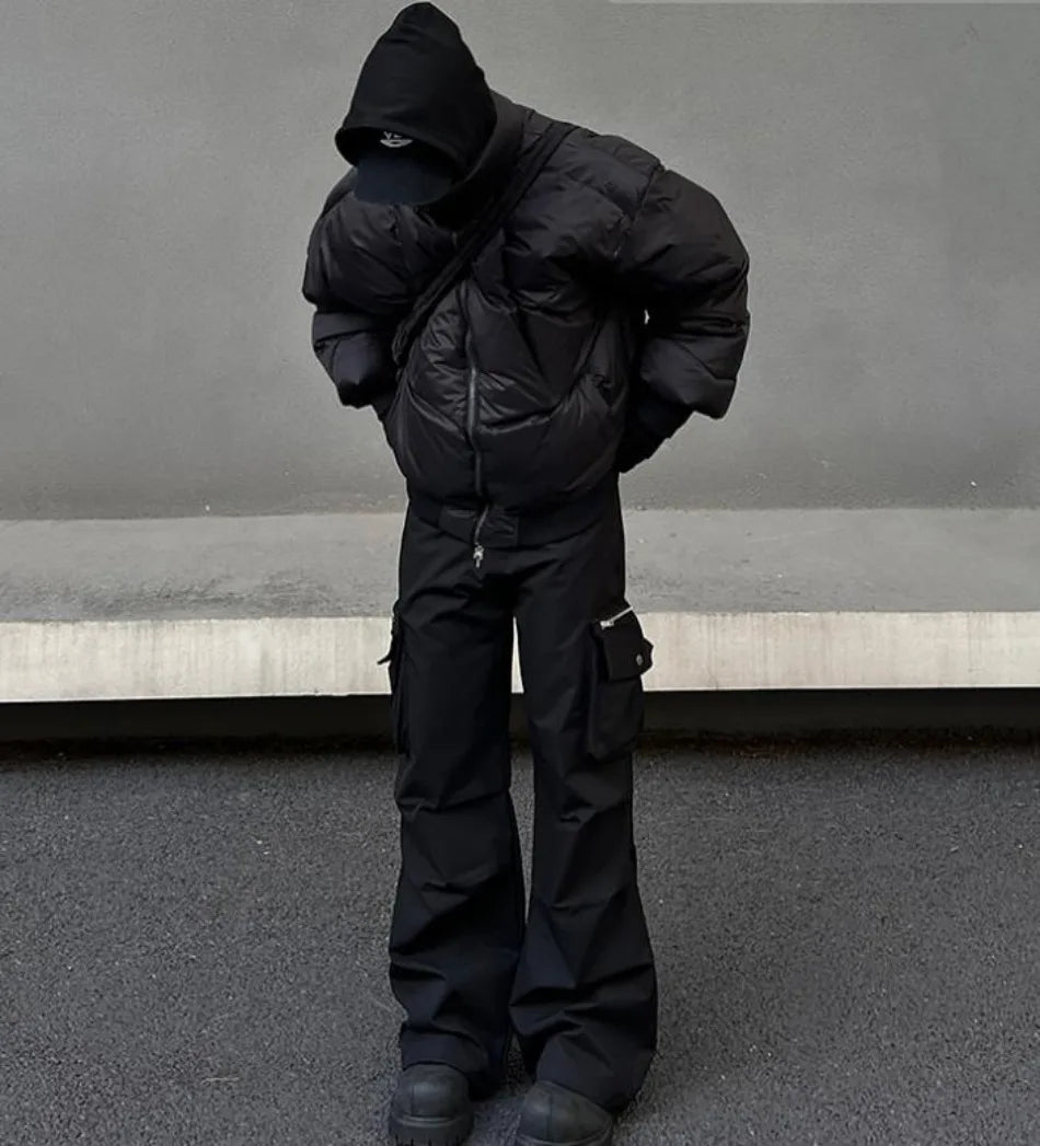 Black Stand Collar Cotton Jacket Mens Heavy Weight Winter Trend High Street Short Parkas Thickening Warm Fluffy Bread Coats
