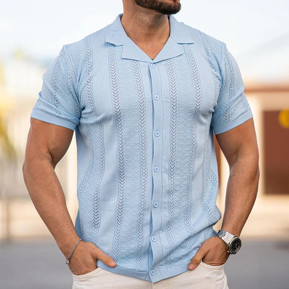 2025 Summer Men's Striped Hollow Solid Color Short Sleeve Knitted POLO Shirt Retro Casual Fashion Trend Simple Loose Men's Tops