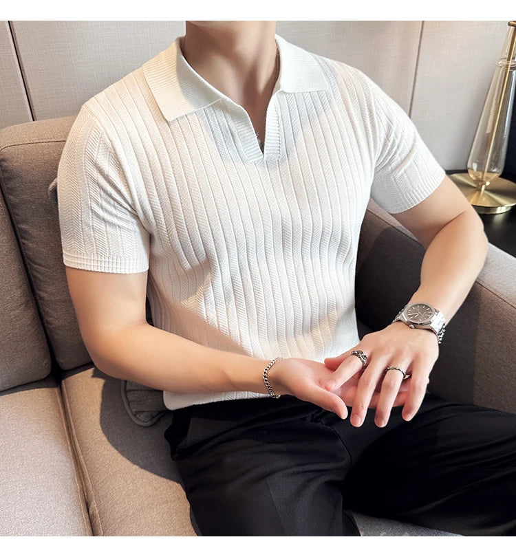 Men Striped Polo Shirt 2025 Summer Light Thin Breathable Solid Casual Elastic Slim Fit Short Sleeved V-neck T-shirt Men Clothing