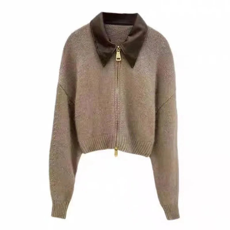 Fashion Zipper Knitted Cardigan Ladies Korean Chic PU Leather Lapel Cropped Sweater Coat Women Lazy Style Solid Jersey Cardigans