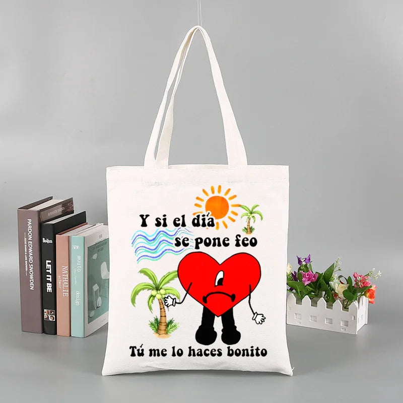 Un Verano Sin Ti Gift Bag Set, Bad Bunny Print Tote Bag, Casual Canvas Shoulder Bag with Mini Storage Bag