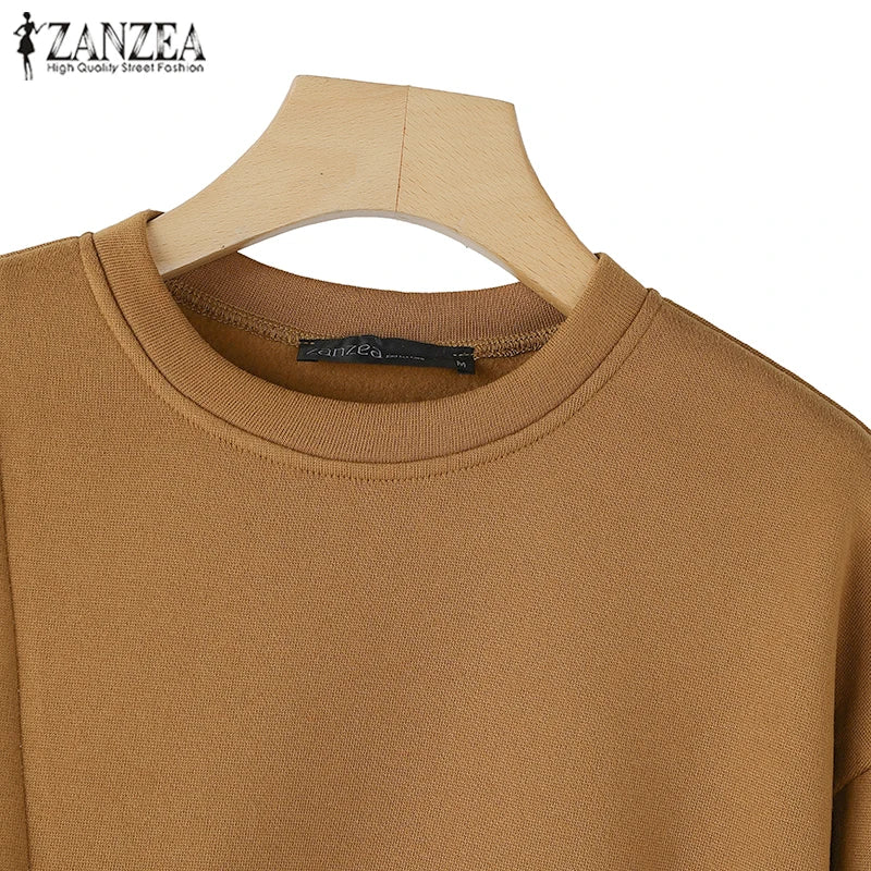 ZANZEA Women Long Sleeve Hoodies 2024 Autumn Fake Two Piece O-Neck Sweatshirt Fashion Loose Stripes Splicing Front Slit Pullover