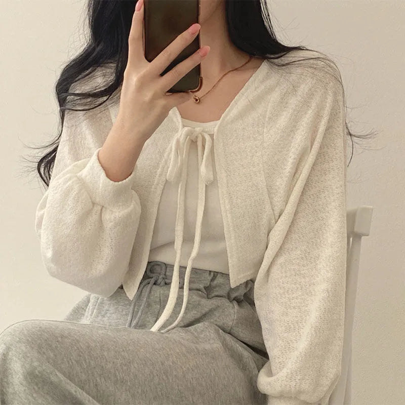 Rimocy 2023 Thin White Cardigan Women Summer Sunscreen Lace-Up Knitwear Top Female Korean Style Lantern Sleeve Short Coat Woman