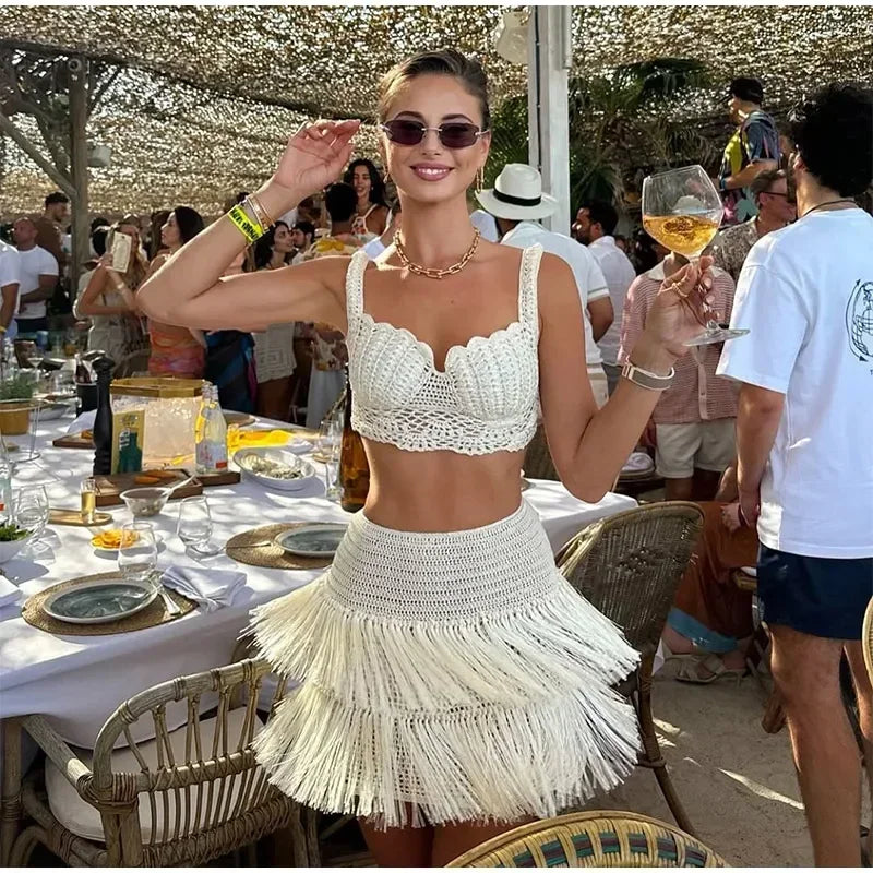 New Sexy Women's Hollow Knitted Camisole Vest Set High Waisted Fringe Solid Color Slim Fit Mini Skirt Suit Female Beach Outfit