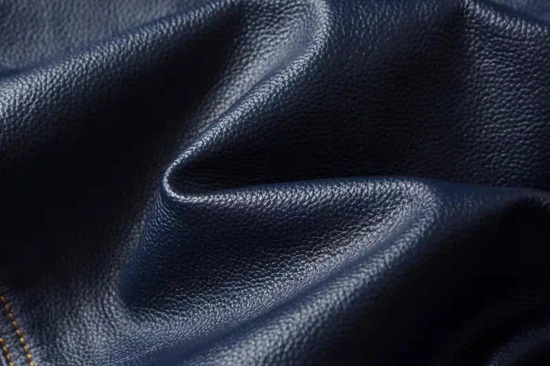 New Navy Blue Top Layer Cowhide Genuine Leather Jacket Men's Short Slim Fit Retro Motorcycle Lapel Casual Jacket Trendy