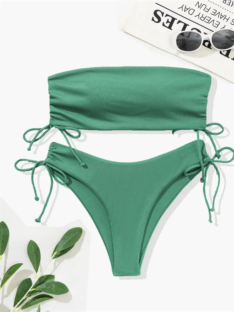 UETEEY 2025 New Summer Swimwear Bikinis Set Sexy Strapless Bikini 2 Piece Set Women Solid Split Swimsuit Backless Beach Bikini